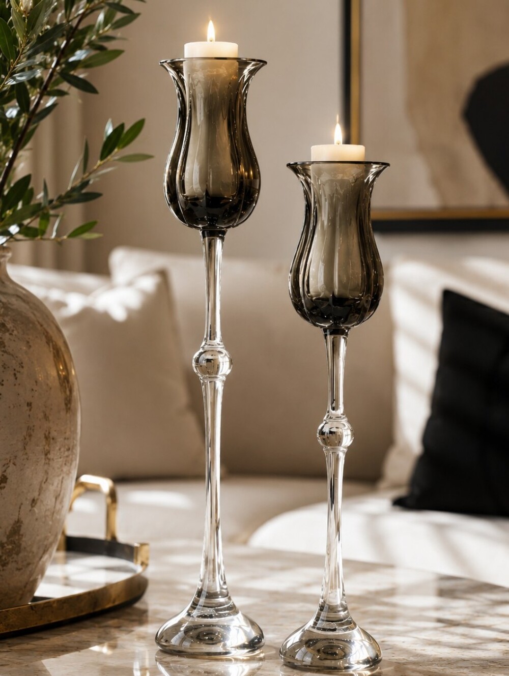 Vintage Rosenthal Tulipa Smoke Crystal Candlesticks Set of 2 | 10" & 12.5" Germa